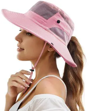 Womens Ponytail Sun Hat Wide Brim Mesh Bucket Hat UV UPF50 Protection Hat Foldable Summer Travel Beach Fishing Hats Pink Womens Ponytail Sun Hat Wide Brim Mesh Bucket Hat UV UPF50 Protection Hat Foldable Summer Travel Beach Fishing Hats Pink
