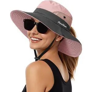 Sun Hats for Women, Wide Brim Beach Bucket Hats with Ponytail Hole, Outdoor UV Protection Foldable Fishing Hat Cooling Mesh Hiking Bucket Hat, Pink Sun Hats for Women, Wide Brim Beach Bucket Hats with Ponytail Hole, Outdoor UV Protection Foldable Fishing Hat Cooling Mesh Hiking Bucket Hat, Pink