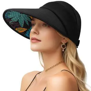 Sun Hats for Women, Wide Brim Beach Hats UV Protection, Packable Visor Ponytail Sunhat for Summer, Black Sun Hats for Women, Wide Brim Beach Hats UV Protection, Packable Visor Ponytail Sunhat for Summer, Black