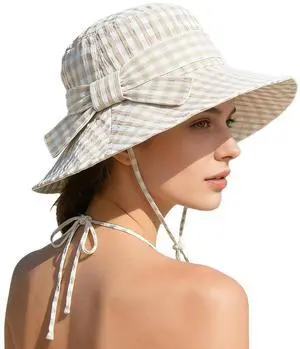 Women's Summer Plaid Sun Hat Cotton Beach UV Protection Bucket Hat Beige Women's Summer Plaid Sun Hat Cotton Beach UV Protection Bucket Hat Beige