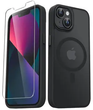 for iPhone 14 Case, iPhone 13 Case, with 1 Screen Protector, Matte Magnetic Slim Phone Cover, Support for Magsafe, Shockproof Protection Translucent Frosted Back,Black for iPhone 14 Case, iPhone 13 Case, with 1 Screen Protector, Matte Magnetic Slim Phone Cover, Support for Magsafe, Shockproof Protection Translucent Frosted Back,Black