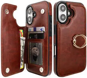 for iPhone 16 Wallet Case with Card Holder, 360° Rotation Ring Kickstand RFID Blocking PU Leather Double Magnetic Clasp Shockproof Cover for Women and Girls 6.1 Inch (Brown) for iPhone 16 Wallet Case with Card Holder, 360° Rotation Ring Kickstand RFID Blocking PU Leather Double Magnetic Clasp Shockproof Cover for Women and Girls 6.1 Inch (Brown)