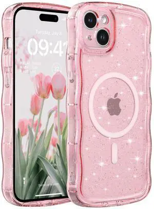 Case for iPhone 13/14,Compatible with MagSafe,Magnetic Clear Curly Wavy Frame Wave Case with Sparkly Bling Glitter,Transparent Acrylic Hard PC for iPhone 14/13,Glitter Clear Pink Case for iPhone 13/14,Compatible with MagSafe,Magnetic Clear Curly Wavy Frame Wave Case with Sparkly Bling Glitter,Transparent Acrylic Hard PC for iPhone 14/13,Glitter Clear Pink