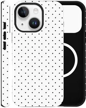 Magnetic Case for iPhone 13/14, Compatible with MagSafe, Aesthetic Polka Dot Cute Design for Women, Hybrid 2-Layer Hard Shell Phone Cover, White Magnetic Case for iPhone 13/14, Compatible with MagSafe, Aesthetic Polka Dot Cute Design for Women, Hybrid 2-Layer Hard Shell Phone Cover, White