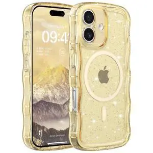 Case for iPhone 16,Compatible with MagSafe,Magnetic Clear Curly Wavy Frame Wave Case with Sparkly Bling Glitter,Transparent Acrylic Hard PC for iPhone 16,Glitter Clear Yellow Case for iPhone 16,Compatible with MagSafe,Magnetic Clear Curly Wavy Frame Wave Case with Sparkly Bling Glitter,Transparent Acrylic Hard PC for iPhone 16,Glitter Clear Yellow