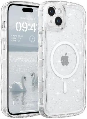 Case for iPhone 13/14,Compatible with MagSafe,Magnetic Clear Curly Wavy Frame Wave Case with Sparkly Bling Glitter,Transparent Acrylic Hard PC for iPhone 14/13,Glitter Clear Case for iPhone 13/14,Compatible with MagSafe,Magnetic Clear Curly Wavy Frame Wave Case with Sparkly Bling Glitter,Transparent Acrylic Hard PC for iPhone 14/13,Glitter Clear