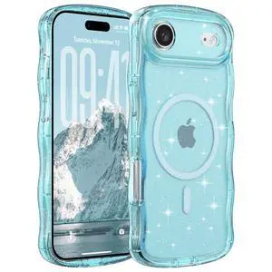 Case for iPhone Air,Compatible with MagSafe,Magnetic Clear Curly Wavy Frame Wave Case with Sparkly Bling Glitter,Transparent Acrylic Hard PC for iPhone Air,Glitter Clear Blue Case for iPhone Air,Compatible with MagSafe,Magnetic Clear Curly Wavy Frame Wave Case with Sparkly Bling Glitter,Transparent Acrylic Hard PC for iPhone Air,Glitter Clear Blue