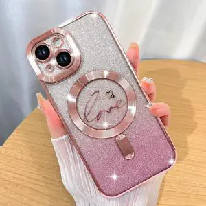 Magnetic Case Designed for iPhone 14 Glitter Case Luxury Plating Love Heart Compatible with MagSafe Clear Case with Camera Protector Protection Shockproof Cover for Women Girls-Pink Magnetic Case Designed for iPhone 14 Glitter Case Luxury Plating Love Heart Compatible with MagSafe Clear Case with Camera Protector Protection Shockproof Cover for Women Girls-Pink