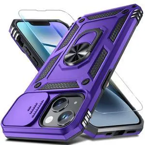 Case for iPhone 14 & iPhone 13 Phone Cover Built in Slide Camera Lens Cover+Screen Protector,Heavy Duty Shockproof Full Body PhoneCase with Finger Ring Holder Kickstand,Purple Case for iPhone 14 & iPhone 13 Phone Cover Built in Slide Camera Lens Cover+Screen Protector,Heavy Duty Shockproof Full Body PhoneCase with Finger Ring Holder Kickstand,Purple