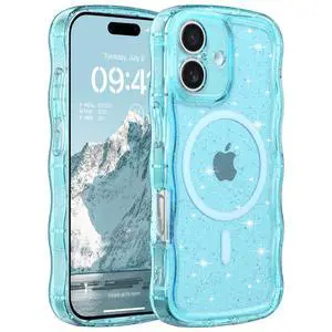 Case for iPhone 17,Compatible with MagSafe,Magnetic Clear Curly Wavy Frame Wave Case with Sparkly Bling Glitter,Transparent Acrylic Hard PC for iPhone 17,Glitter Clear Blue Case for iPhone 17,Compatible with MagSafe,Magnetic Clear Curly Wavy Frame Wave Case with Sparkly Bling Glitter,Transparent Acrylic Hard PC for iPhone 17,Glitter Clear Blue