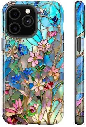 Case for iPhone 14 for iPhone 13,Stained Glass Bloom Flower Phone Case Drop Resistant Glossy 2 in 1 Solid Dual-Layer Cover for Girl Women Case for iPhone 14 for iPhone 13,Stained Glass Bloom Flower Phone Case Drop Resistant Glossy 2 in 1 Solid Dual-Layer Cover for Girl Women
