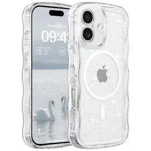 Case for iPhone 16,Compatible with MagSafe,Magnetic Clear Curly Wavy Frame Wave Case with Sparkly Bling Glitter,Transparent Acrylic Hard PC for iPhone 16,Glitter Clear Case for iPhone 16,Compatible with MagSafe,Magnetic Clear Curly Wavy Frame Wave Case with Sparkly Bling Glitter,Transparent Acrylic Hard PC for iPhone 16,Glitter Clear
