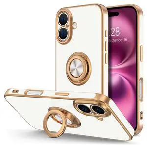 Hython Case with Ring Stand, 360° Rotatable Ring Holder Magnetic Kickstand, Plating Rose Gold Edge Soft Cover Protective Phone Case for iPhone 16 6.1", White Hython Case with Ring Stand, 360° Rotatable Ring Holder Magnetic Kickstand, Plating Rose Gold Edge Soft Cover Protective Phone Case for iPhone 16 6.1", White
