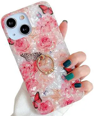for iPhone 13/14 Case 6.1 inch,Flower Design Cute Clear for Women Girls with 360 Degree Rotating Ring Kickstand Soft TPU Shockproof Cover Rose Butterfly for iPhone 13/14 Case 6.1 inch,Flower Design Cute Clear for Women Girls with 360 Degree Rotating Ring Kickstand Soft TPU Shockproof Cover Rose Butterfly