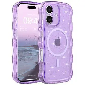 Case for iPhone 17,Compatible with MagSafe,Magnetic Clear Curly Wavy Frame Wave Case with Sparkly Bling Glitter,Transparent Acrylic Hard PC for iPhone 17,Glitter Clear Purple Case for iPhone 17,Compatible with MagSafe,Magnetic Clear Curly Wavy Frame Wave Case with Sparkly Bling Glitter,Transparent Acrylic Hard PC for iPhone 17,Glitter Clear Purple