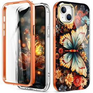 for iPhone 14 Case/iPhone 13 Case, (with Built-in Screen Protector) Shockproof Slim Soft TPU+Hard Plastic Full Body Protective Case for iPhone 14/iPhone 13 (6.1") - Orange Butterfly for iPhone 14 Case/iPhone 13 Case, (with Built-in Screen Protector) Shockproof Slim Soft TPU+Hard Plastic Full Body Protective Case for iPhone 14/iPhone 13 (6.1") - Orange Butterfly