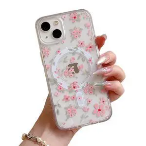 Magnetic for iPhone 15 Case Compatible with Magsafe, Cute Floral Flower Aesthetic Phone Case Slim Clear Anti-Yellowing Shockproof Phone Cover for Girls Women - Pink Magnetic for iPhone 15 Case Compatible with Magsafe, Cute Floral Flower Aesthetic Phone Case Slim Clear Anti-Yellowing Shockproof Phone Cover for Girls Women - Pink