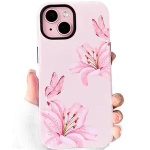 Compatible with iPhone 13/14 Case Cute Aesthetic Lily Flowers Butterfly Floral Pattern for Women Girls Glossy Hybrid 2 Layers Back Shockproof Protective Cover - Pink Compatible with iPhone 13/14 Case Cute Aesthetic Lily Flowers Butterfly Floral Pattern for Women Girls Glossy Hybrid 2 Layers Back Shockproof Protective Cover - Pink