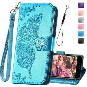 Wallet Case for iPhone SE 2020/SE 2022/iPhone 8/iPhone 7,Women Butterfly Embossed PU Leather Stand Card Holder Slots Wrist Strap Flip Cover for iPhone 6/6S/7/8/SE 2nd/SE 3rd Gen (Blue) Wallet Case for iPhone SE 2020/SE 2022/iPhone 8/iPhone 7,Women Butterfly Embossed PU Leather Stand Card Holder Slots Wrist Strap Flip Cover for iPhone 6/6S/7/8/SE 2nd/SE 3rd Gen (Blue)