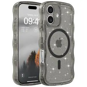 Case for iPhone 16,Compatible with MagSafe,Magnetic Clear Curly Wavy Frame Wave Case with Sparkly Bling Glitter,Transparent Acrylic Hard PC for iPhone 16,Glitter Clear Black Case for iPhone 16,Compatible with MagSafe,Magnetic Clear Curly Wavy Frame Wave Case with Sparkly Bling Glitter,Transparent Acrylic Hard PC for iPhone 16,Glitter Clear Black
