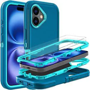 for iPhone 16 Case, Military Grade 3 in 1 Heavy Duty Shockproof/Drop Proof/Dust Proof Case with 2Pcs Tempered Glass Screen Protector (Blue/Turquoise) for iPhone 16 Case, Military Grade 3 in 1 Heavy Duty Shockproof/Drop Proof/Dust Proof Case with 2Pcs Tempered Glass Screen Protector (Blue/Turquoise)