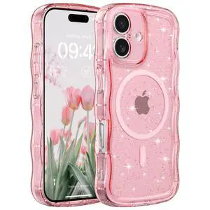 case for iPhone 16,Compatible with MagSafe,Magnetic Clear Curly Wavy Frame Wave Case with Sparkly Bling Glitter,Transparent Acrylic Hard PC for iPhone 16,Glitter Clear Pink case for iPhone 16,Compatible with MagSafe,Magnetic Clear Curly Wavy Frame Wave Case with Sparkly Bling Glitter,Transparent Acrylic Hard PC for iPhone 16,Glitter Clear Pink