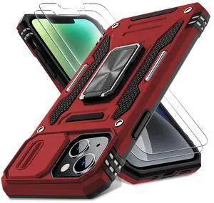 Case for iPhone 13/iPhone 14 6.1-Inch with Slide Camera Cover+Screen Protector(2 Packs),Rotated Ring Kickstand Military Grade Shockproof Protective Cover-Red Case for iPhone 13/iPhone 14 6.1-Inch with Slide Camera Cover+Screen Protector(2 Packs),Rotated Ring Kickstand Military Grade Shockproof Protective Cover-Red