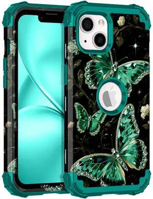 for iPhone 14/13 Case 3 in 1 Shockproof Heavy Duty Rugged Hard PC+Soft Silicone Full Body Protective Cover Butterfly Case for Apple iPhone 14/13, Glow in The Dark Viridian for iPhone 14/13 Case 3 in 1 Shockproof Heavy Duty Rugged Hard PC+Soft Silicone Full Body Protective Cover Butterfly Case for Apple iPhone 14/13, Glow in The Dark Viridian