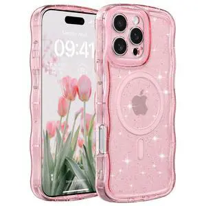 Case for iPhone 15 Pro Max,Compatible with MagSafe,Magnetic Clear Curly Wavy Frame Wave Case with Sparkly Bling Glitter,Transparent Acrylic Hard PC for iPhone 15 Pro Max,Glitter Clear Pink Case for iPhone 15 Pro Max,Compatible with MagSafe,Magnetic Clear Curly Wavy Frame Wave Case with Sparkly Bling Glitter,Transparent Acrylic Hard PC for iPhone 15 Pro Max,Glitter Clear Pink