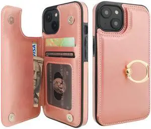 for iPhone 14 Wallet Case with Card Holder, 360° Rotation Ring Kickstand RFID Blocking PU Leather Double Magnetic Clasp Shockproof Cover for Women and Girls 6.1 Inch (Rose Gold) for iPhone 14 Wallet Case with Card Holder, 360° Rotation Ring Kickstand RFID Blocking PU Leather Double Magnetic Clasp Shockproof Cover for Women and Girls 6.1 Inch (Rose Gold)
