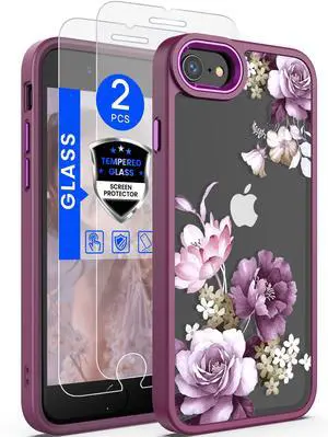 for iPhone SE 2022/2020 Case,iPhone 8/7 Case,with Tempered Glass Screen Protector Military Grade Drop Tested Hard Back & Soft Edge Slim Flower Women Girls Phone Protective Cover (Purple) for iPhone SE 2022/2020 Case,iPhone 8/7 Case,with Tempered Glass Screen Protector Military Grade Drop Tested Hard Back & Soft Edge Slim Flower Women Girls Phone Protective Cover (Purple)
