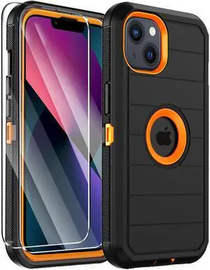 for iPhone 14 Case & iPhone 13 Case, Military-Grade Drop Protection 3-Layer Rugged Shell with Screen Protector, Full-Body Non-Slip Shockproof Heavy Duty Protective Bumper Phone Cover (Black Orange) for iPhone 14 Case & iPhone 13 Case, Military-Grade Drop Protection 3-Layer Rugged Shell with Screen Protector, Full-Body Non-Slip Shockproof Heavy Duty Protective Bumper Phone Cover (Black Orange)