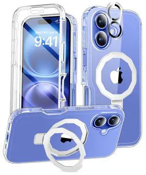 Compatible with iPhone 16 Case, Built-in Screen Protector & Seamless Stand, with Camera Lens Protector, Strong Magnetic Clear Phone Case, Full Body Protective Cover for 6.1" (Clear) Compatible with iPhone 16 Case, Built-in Screen Protector & Seamless Stand, with Camera Lens Protector, Strong Magnetic Clear Phone Case, Full Body Protective Cover for 6.1" (Clear)
