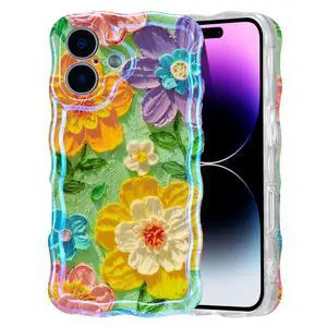 Case for iPhone 17, Colorful Retro Oil Painting Flower Laser Glossy Cute Curly Wave Edge Case Stylish Durable Soft TPU Protective Phone Cover for Girl Women - Colorful Flower/Green Case for iPhone 17, Colorful Retro Oil Painting Flower Laser Glossy Cute Curly Wave Edge Case Stylish Durable Soft TPU Protective Phone Cover for Girl Women - Colorful Flower/Green