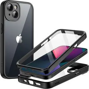 Case for iPhone 13 6.1-Inch with Built-in Tempered Glass Screen Protector, 360 Degree Full Body Heavy Duty Protection, Shockproof Rugged Phone Cover Clear Back (Black) Case for iPhone 13 6.1-Inch with Built-in Tempered Glass Screen Protector, 360 Degree Full Body Heavy Duty Protection, Shockproof Rugged Phone Cover Clear Back (Black)