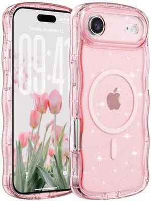 Case for iPhone Air,Compatible with MagSafe,Magnetic Clear Curly Wavy Frame Wave Case with Sparkly Bling Glitter,Transparent Acrylic Hard PC for iPhone Air,Glitter Clear Pink Case for iPhone Air,Compatible with MagSafe,Magnetic Clear Curly Wavy Frame Wave Case with Sparkly Bling Glitter,Transparent Acrylic Hard PC for iPhone Air,Glitter Clear Pink
