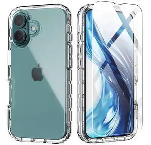 for iPhone 16 Case with Screen Protector, Hybrid 2 in 1 Shockproof Soft Slim Fit Transparent Clear Case with TPU Bumper, Protective Silicone Cover,Clear for iPhone 16 Case with Screen Protector, Hybrid 2 in 1 Shockproof Soft Slim Fit Transparent Clear Case with TPU Bumper, Protective Silicone Cover,Clear