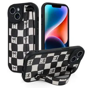 Compatible with iPhone 14 Case with Strap, Classic Checkered Checkerboard Bow Phone Case with Finger Strap Kickstand, Shockproof Protective Cover, Black Checkered Bow Compatible with iPhone 14 Case with Strap, Classic Checkered Checkerboard Bow Phone Case with Finger Strap Kickstand, Shockproof Protective Cover, Black Checkered Bow