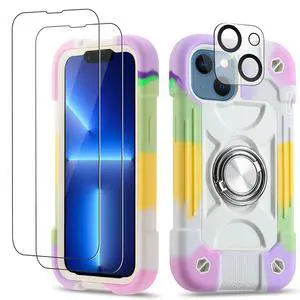 for iPhone 14 Case/iPhone 13 Case 6.1 Inch with Ring Stand, with 2 Pack Glass Screen Protector + 1 Pack Camera Lens Protector,Heavy-Duty Shockproof Rugged Cover (Rainbow White) for iPhone 14 Case/iPhone 13 Case 6.1 Inch with Ring Stand, with 2 Pack Glass Screen Protector + 1 Pack Camera Lens Protector,Heavy-Duty Shockproof Rugged Cover (Rainbow White)
