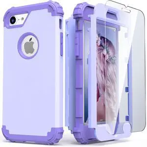 for iPhone 8 Case & for iPhone 7 Case with Screen Protector (Tempered Glass),3 in 1 Shockproof Hybrid Heavy Duty Hard PC Cover Soft Silicone Sturdy Bumper Full Body Sturdy Case, Purple for iPhone 8 Case & for iPhone 7 Case with Screen Protector (Tempered Glass),3 in 1 Shockproof Hybrid Heavy Duty Hard PC Cover Soft Silicone Sturdy Bumper Full Body Sturdy Case, Purple