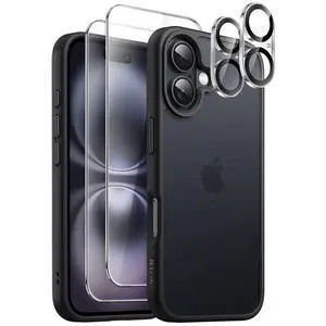 5 in 1 Matte Case for iPhone 16 6.1-Inch with 2-Pack Each Tempered Glass Screen Protector and Camera Lens Protector, Translucent Back Shockproof Phone Cover (Black) 5 in 1 Matte Case for iPhone 16 6.1-Inch with 2-Pack Each Tempered Glass Screen Protector and Camera Lens Protector, Translucent Back Shockproof Phone Cover (Black)
