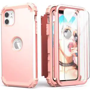 for iPhone 11 Case with Screen Protector(Tempered Glass), Hybrid 3 in 1 Shockproof Slim Fit Heavy Duty Protection Hard PC Cover Soft Silicone Bumper Full Body Case,Rose Gold for iPhone 11 Case with Screen Protector(Tempered Glass), Hybrid 3 in 1 Shockproof Slim Fit Heavy Duty Protection Hard PC Cover Soft Silicone Bumper Full Body Case,Rose Gold