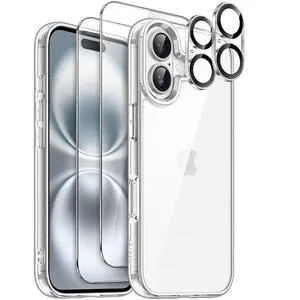 5 in 1 Case for iPhone 16 6.1-Inch with 2 Pack Each Tempered Glass Screen Protectors and Camera Lens Protectors, Non-Yellowing Shockproof Bumper Phone Cover (Clear) 5 in 1 Case for iPhone 16 6.1-Inch with 2 Pack Each Tempered Glass Screen Protectors and Camera Lens Protectors, Non-Yellowing Shockproof Bumper Phone Cover (Clear)