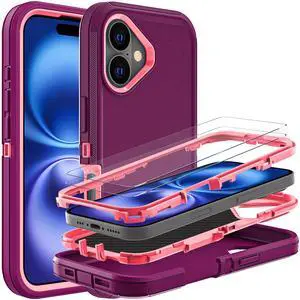 for iPhone 16 Case, Military Grade 3 in 1 Heavy Duty Shockproof/Drop Proof/Dust Proof Case with 2Pcs Tempered Glass Screen Protector (Purple/Pink) for iPhone 16 Case, Military Grade 3 in 1 Heavy Duty Shockproof/Drop Proof/Dust Proof Case with 2Pcs Tempered Glass Screen Protector (Purple/Pink)