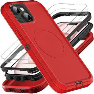 for iPhone 15 Case, Compatible with Magsafe, Military Grade 3 in 1 Heavy Duty Shockproof/Drop Proof/Dust Proof Case with 2Pcs Tempered Glass Screen Protector (New-Red/Black) for iPhone 15 Case, Compatible with Magsafe, Military Grade 3 in 1 Heavy Duty Shockproof/Drop Proof/Dust Proof Case with 2Pcs Tempered Glass Screen Protector (New-Red/Black)