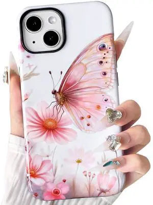 Compatible with iPhone 13/14 Case Cute Butterfly Flowers Floral Pattern for Women Girls Glossy Hybrid 2 Layers Back Shockproof Protective Phone Cover - Pink Compatible with iPhone 13/14 Case Cute Butterfly Flowers Floral Pattern for Women Girls Glossy Hybrid 2 Layers Back Shockproof Protective Phone Cover - Pink