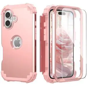 for iPhone 16 Case with Screen Protector for Women, 3 in 1 Shockproof Slim Fit Hybrid Heavy Duty Hard PC Cover Soft Silicone Bumper Full Body Anti-Fingerprint Case, Rose Gold for iPhone 16 Case with Screen Protector for Women, 3 in 1 Shockproof Slim Fit Hybrid Heavy Duty Hard PC Cover Soft Silicone Bumper Full Body Anti-Fingerprint Case, Rose Gold