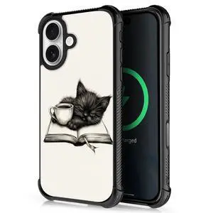 for iPhone 17 Case,for MagSafe Graphic Design for Girl Boy Soft Silicone Hard Acrylic Shock Protection Designed for iPhone 17 Cat Read Book Drink Coffee Pattern for iPhone 17 Case,for MagSafe Graphic Design for Girl Boy Soft Silicone Hard Acrylic Shock Protection Designed for iPhone 17 Cat Read Book Drink Coffee Pattern