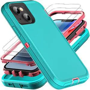 for iPhone 13 Case/iPhone 14 Case, Military Grade 3 in 1 Heavy Duty Shockproof/Drop Proof/Dust Proof Case with 2Pcs Tempered Glass Screen Protector (Aqua Blue/Pink) for iPhone 13 Case/iPhone 14 Case, Military Grade 3 in 1 Heavy Duty Shockproof/Drop Proof/Dust Proof Case with 2Pcs Tempered Glass Screen Protector (Aqua Blue/Pink)