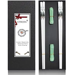 Porcelain Chopsticks, Green Bamboo,2 Pairs with Ceramic Holder Porcelain Chopsticks, Green Bamboo,2 Pairs with Ceramic Holder